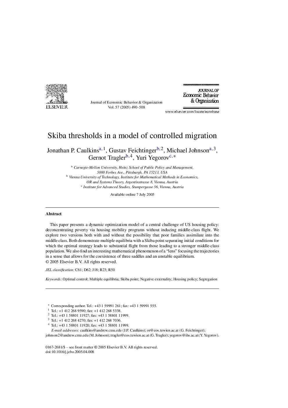 Skiba thresholds in a model of controlled migration