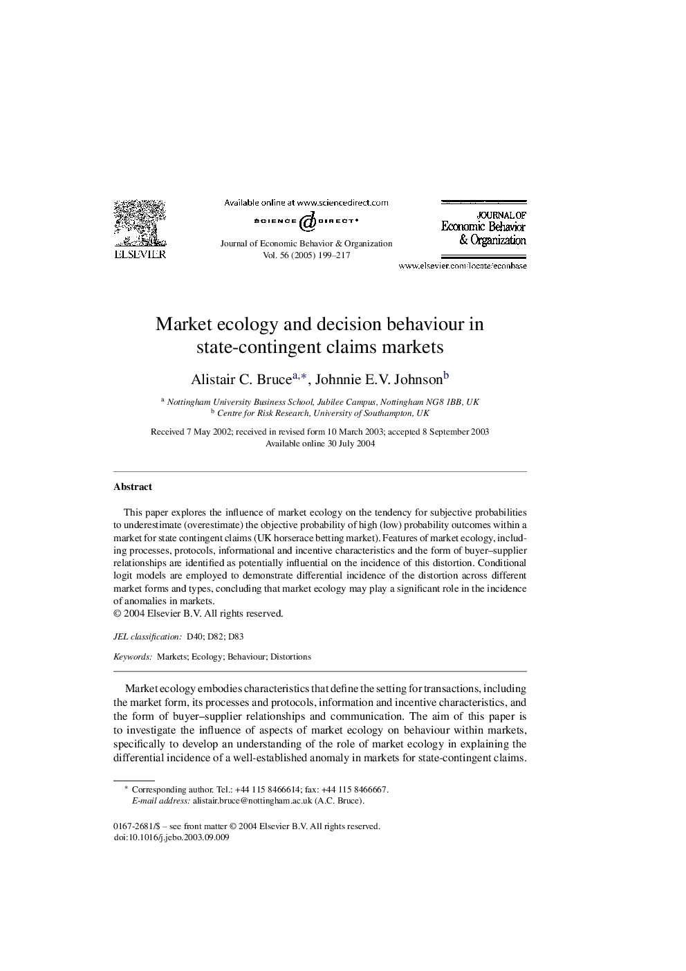 Market ecology and decision behaviour in state-contingent claims markets