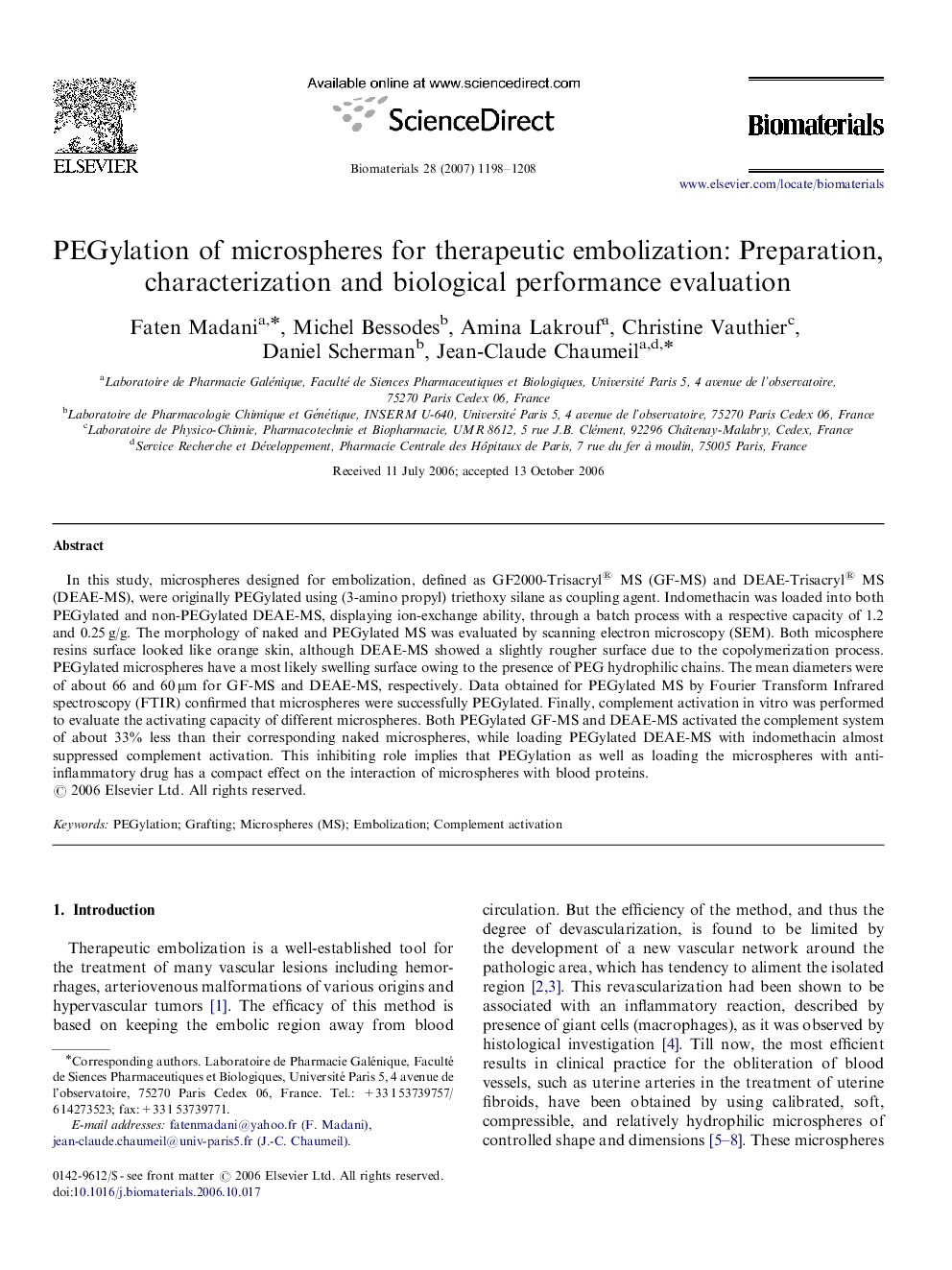 PEGylation of microspheres for therapeutic embolization: Preparation, characterization and biological performance evaluation