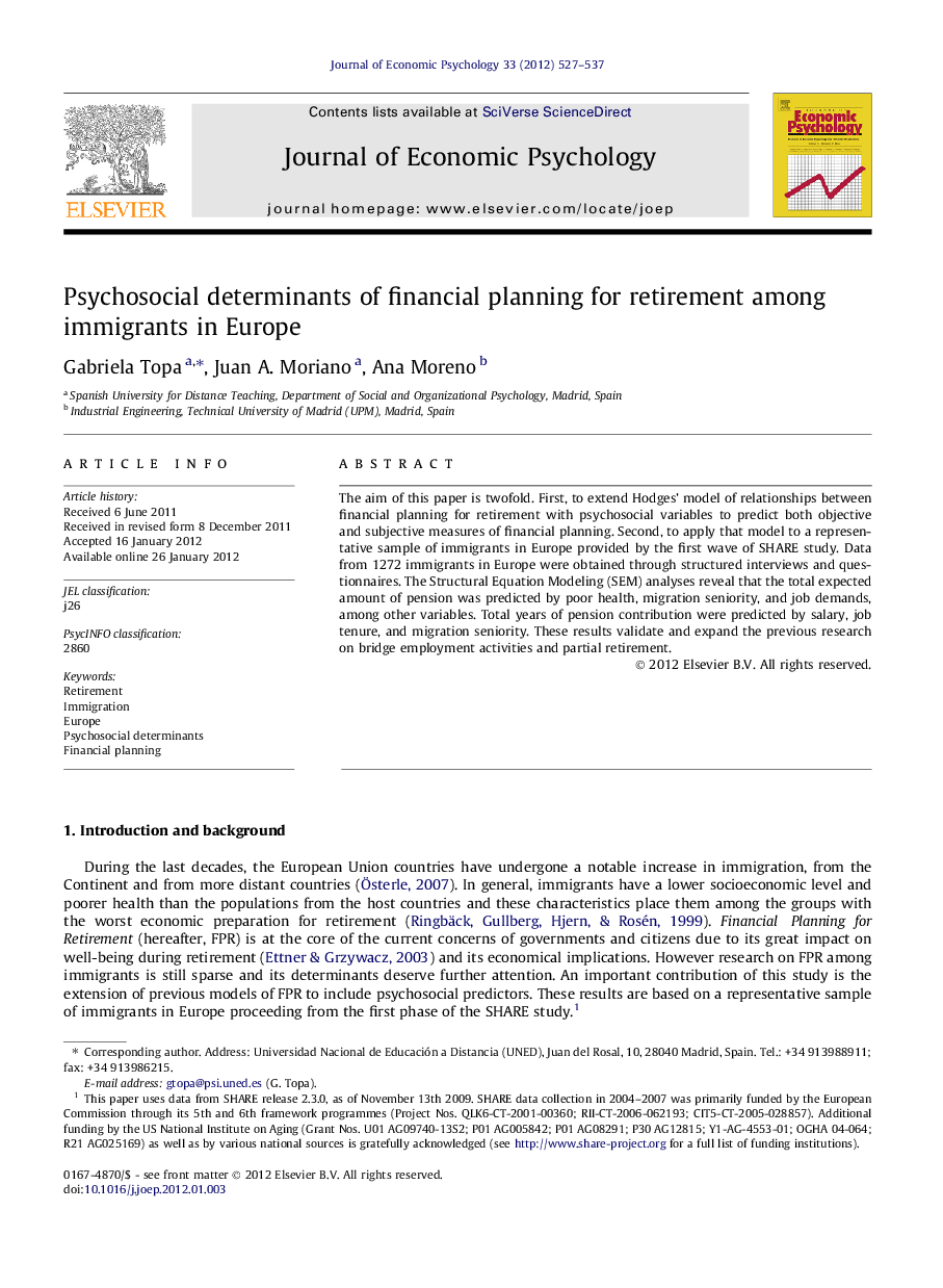 Psychosocial determinants of financial planning for retirement among immigrants in Europe