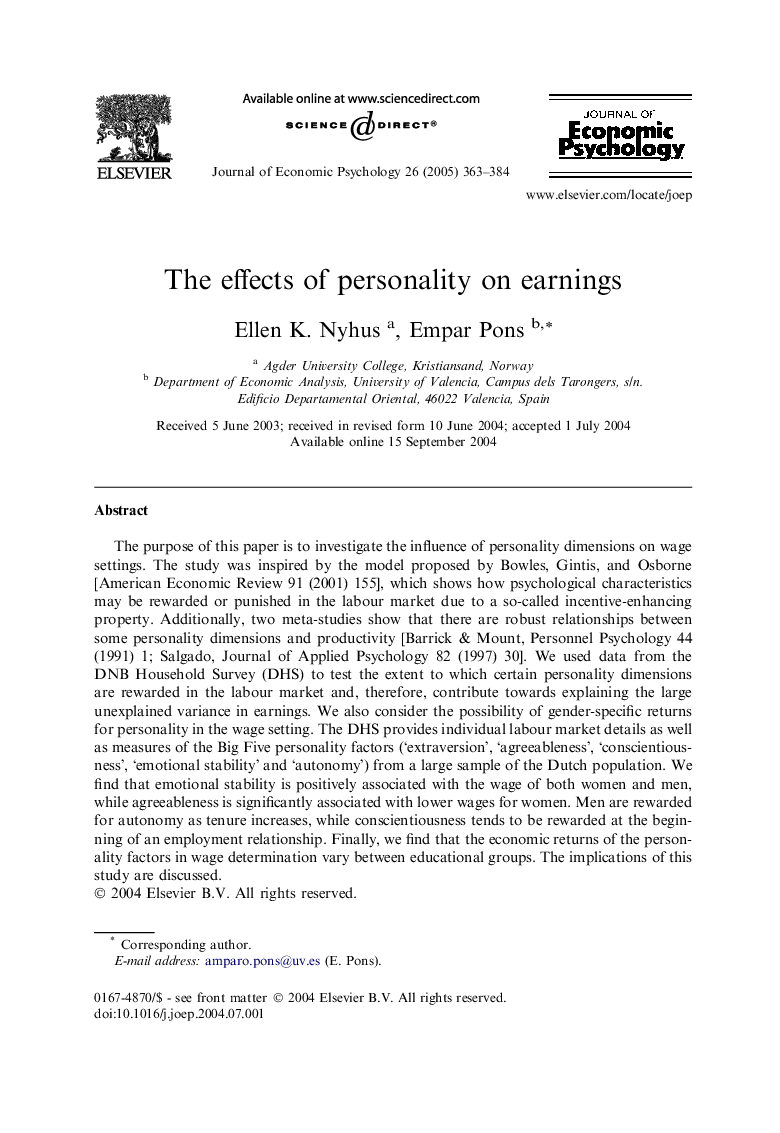 The effects of personality on earnings