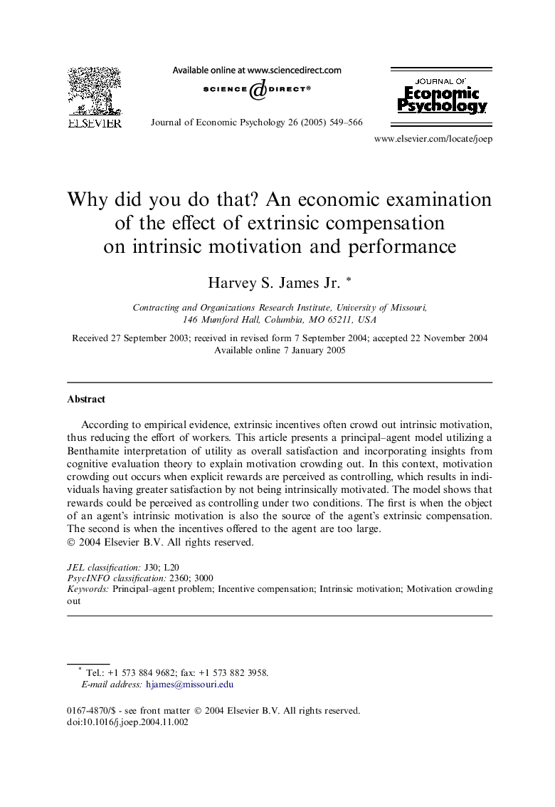 Why did you do that? An economic examination of the effect of extrinsic compensation on intrinsic motivation and performance