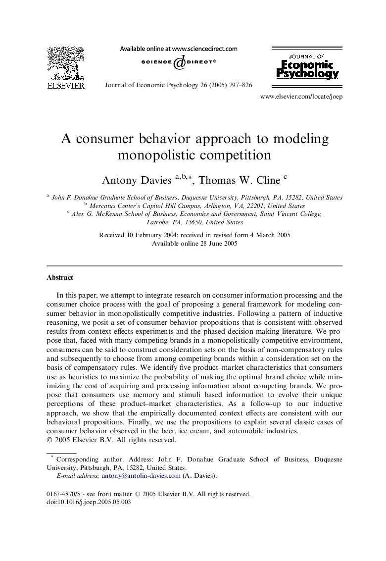 A consumer behavior approach to modeling monopolistic competition