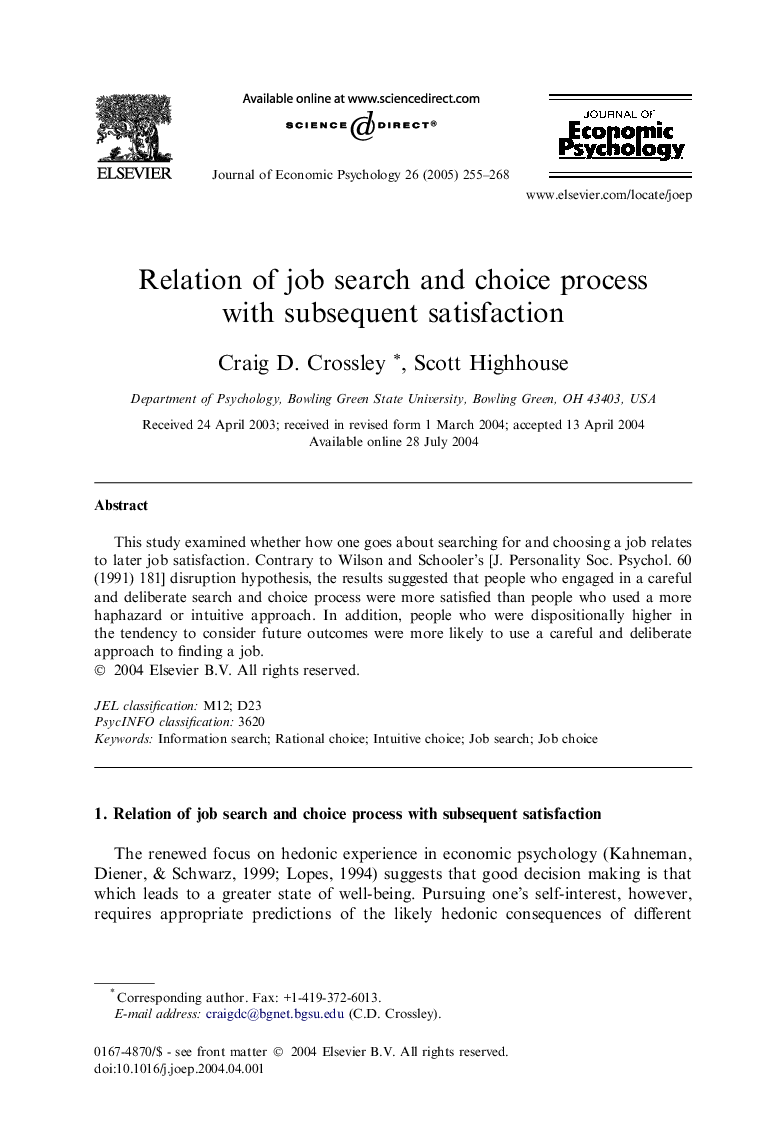 Relation of job search and choice process with subsequent satisfaction