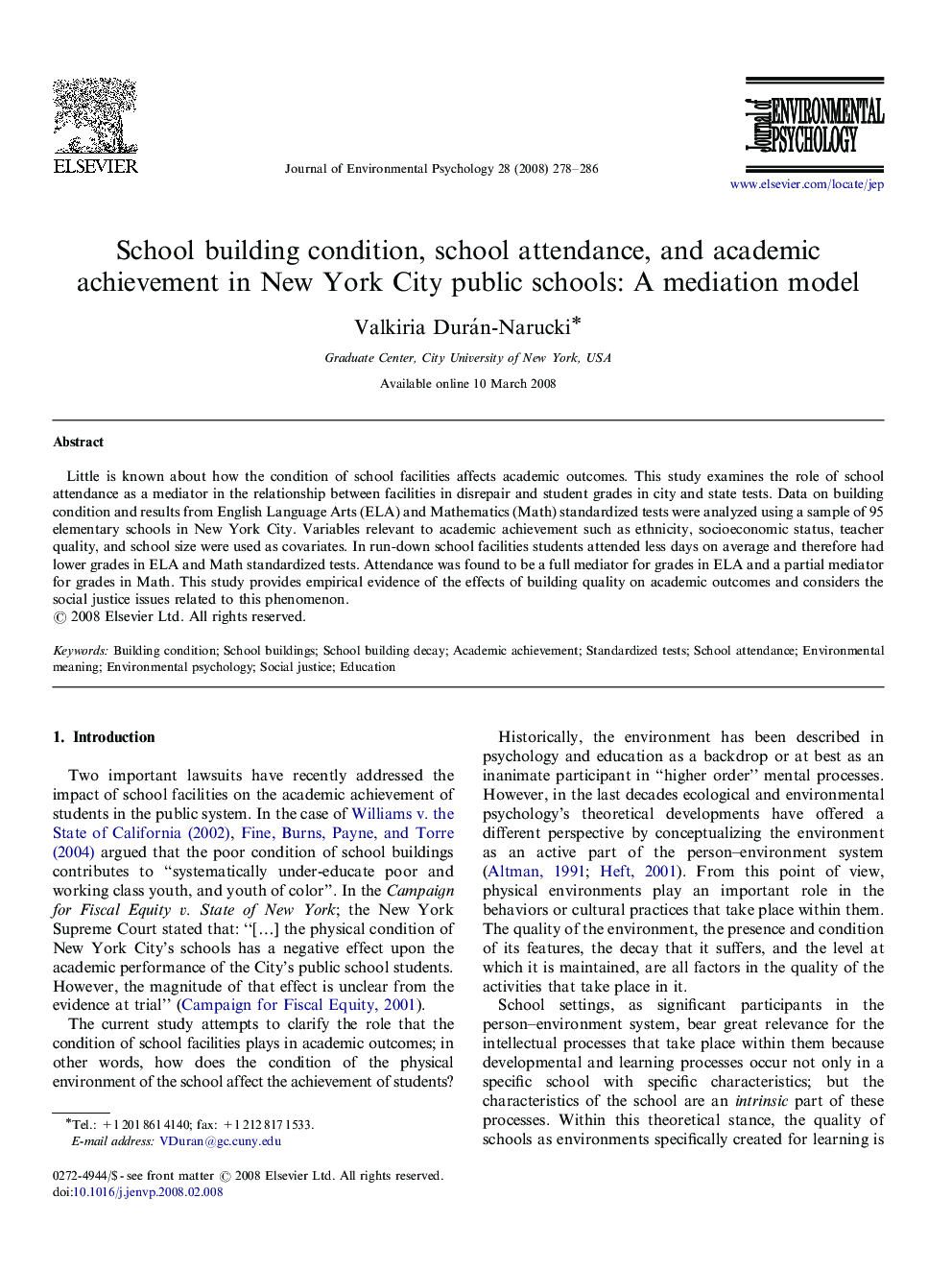 School building condition, school attendance, and academic achievement in New York City public schools: A mediation model