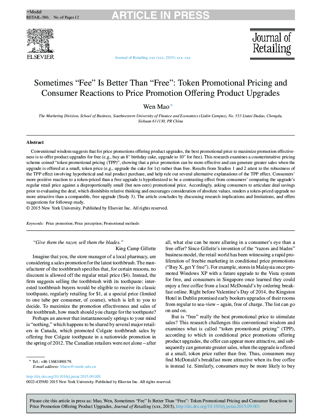 Sometimes “Fee” Is Better Than “Free”: Token Promotional Pricing and Consumer Reactions to Price Promotion Offering Product Upgrades