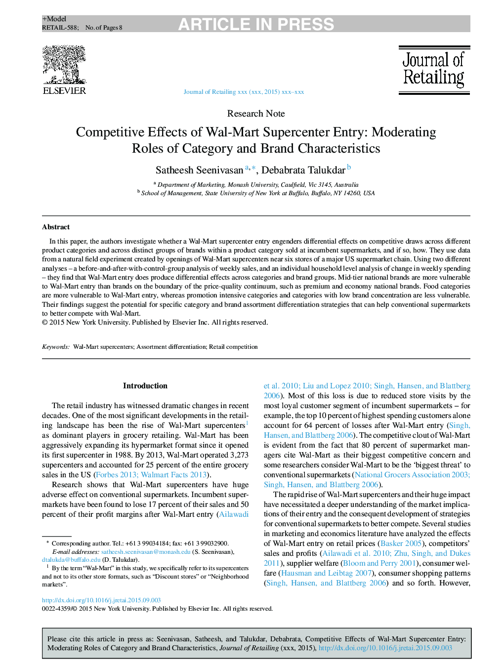 Competitive Effects of Wal-Mart Supercenter Entry: Moderating Roles of Category and Brand Characteristics