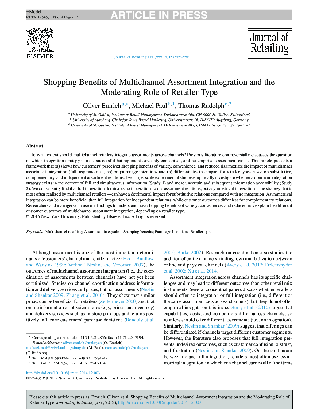 Shopping Benefits of Multichannel Assortment Integration and the Moderating Role of Retailer Type