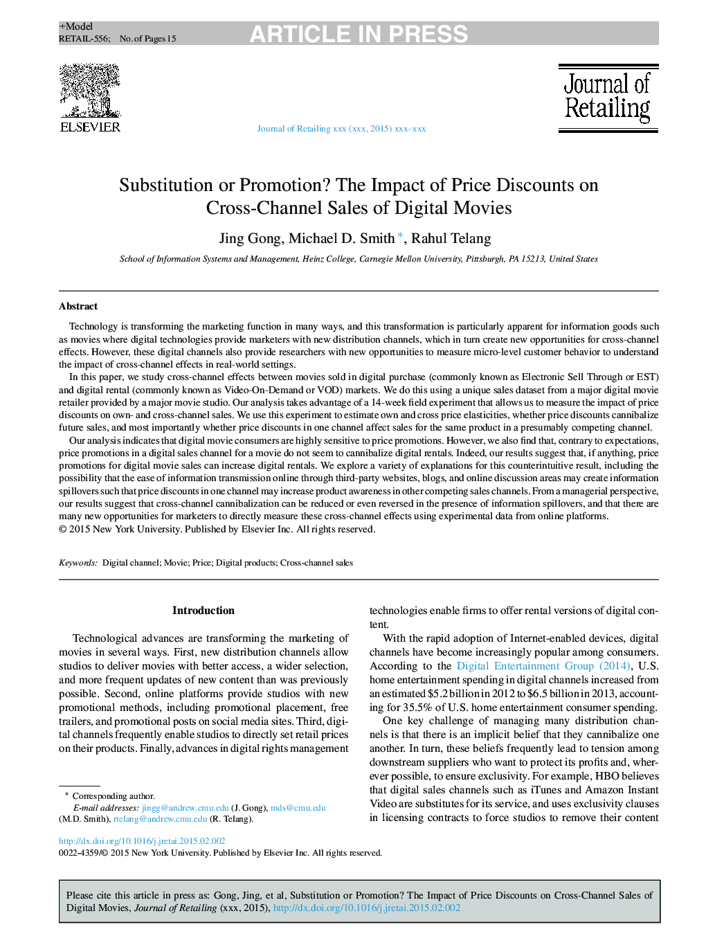 Substitution or Promotion? The Impact of Price Discounts on Cross-Channel Sales of Digital Movies