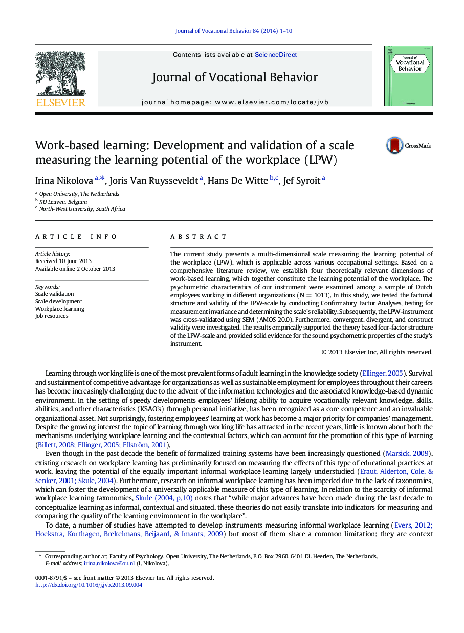 Work-based learning: Development and validation of a scale measuring the learning potential of the workplace (LPW)