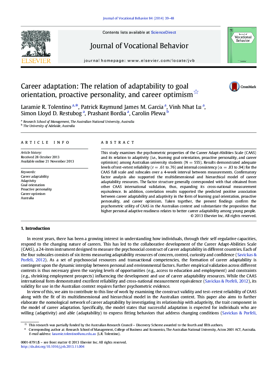 Career adaptation: The relation of adaptability to goal orientation, proactive personality, and career optimism