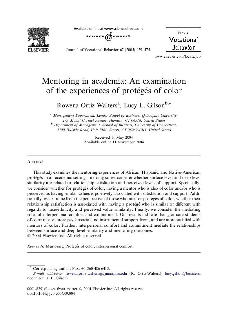 Mentoring in academia: An examination of the experiences of protégés of color