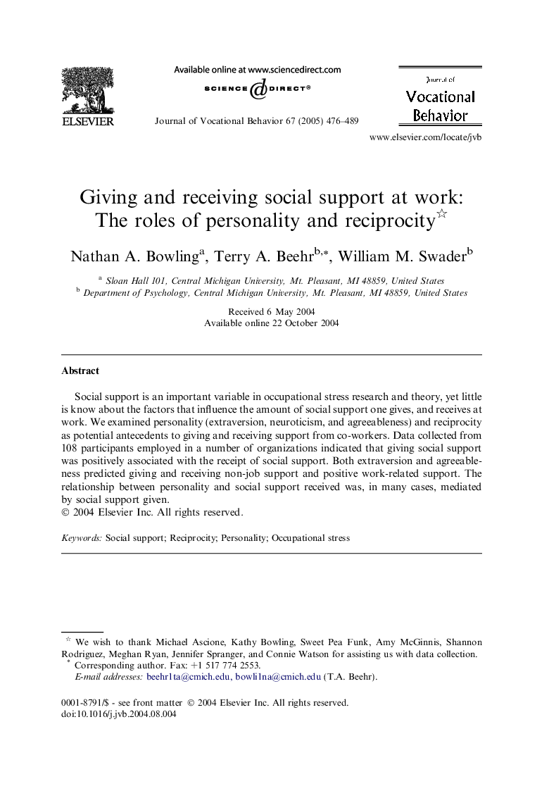 Giving and receiving social support at work: The roles of personality and reciprocity