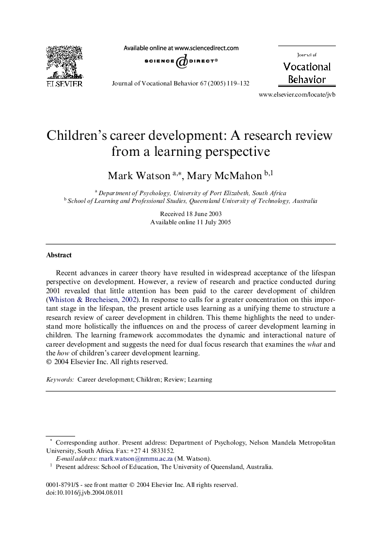 Children's career development: A research review from a learning perspective