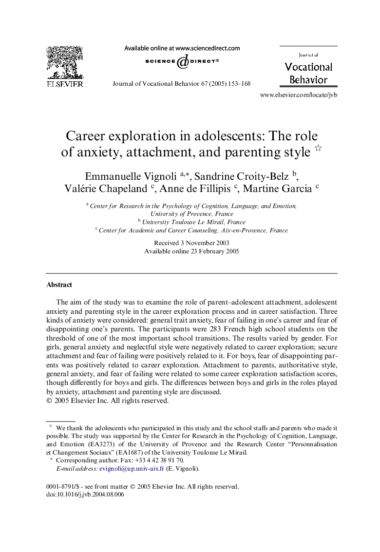 Career exploration in adolescents: The role of anxiety, attachment, and parenting style