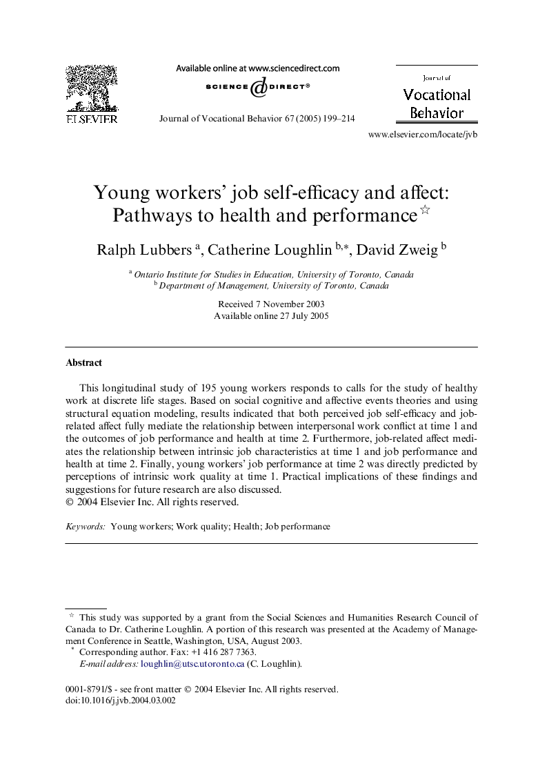 Young workers' job self-efficacy and affect: Pathways to health and performance