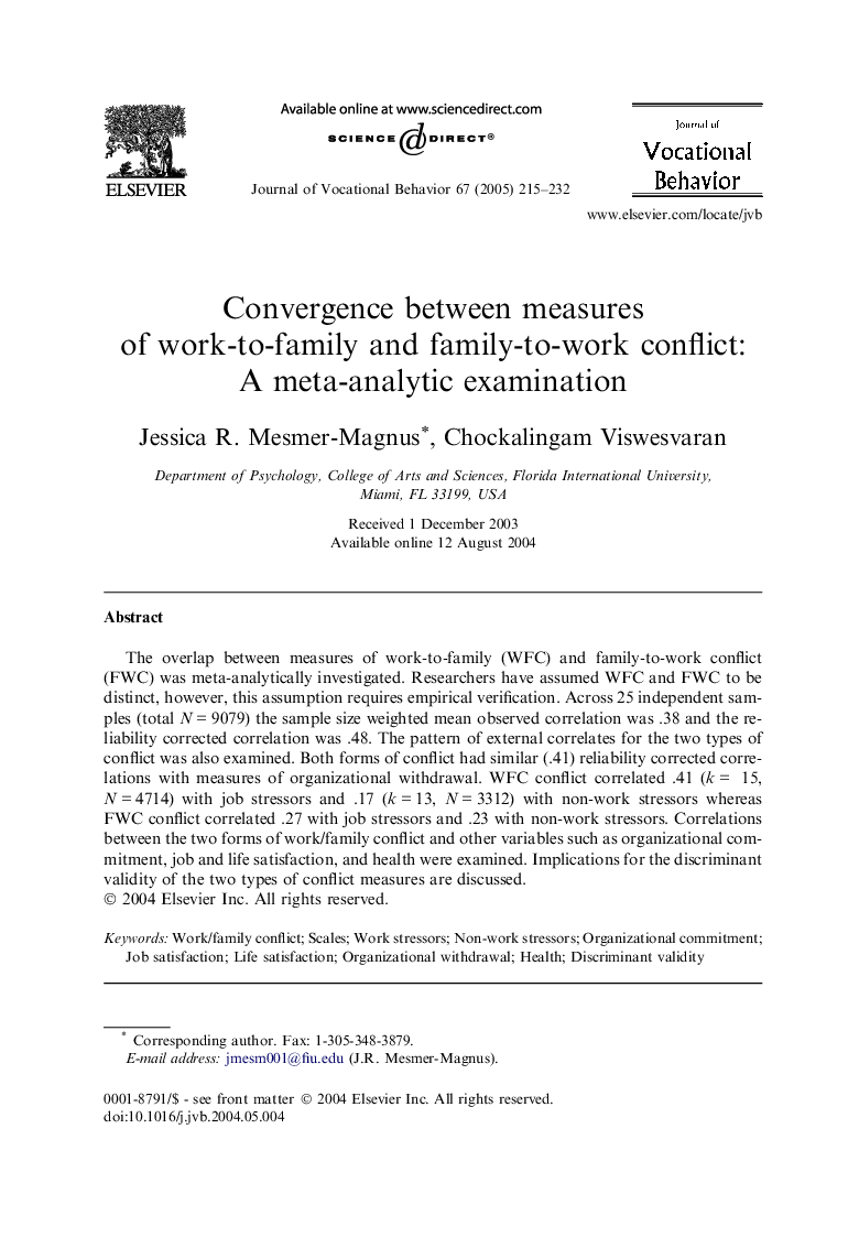 Convergence between measures of work-to-family and family-to-work conflict: A meta-analytic examination