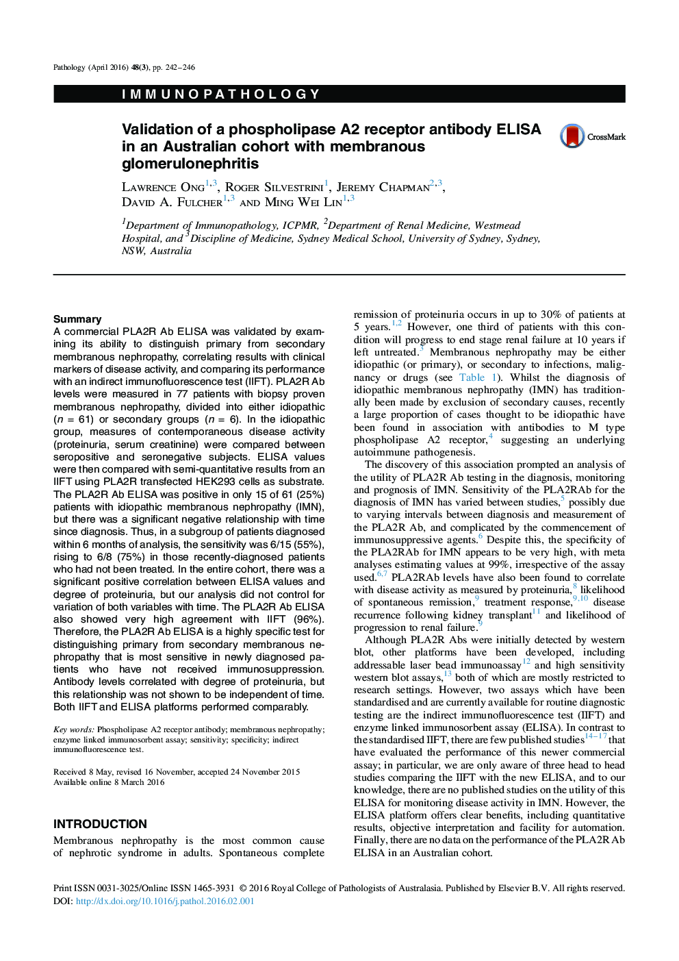 Validation of a phospholipase A2 receptor antibody ELISA in an Australian cohort with membranous glomerulonephritis