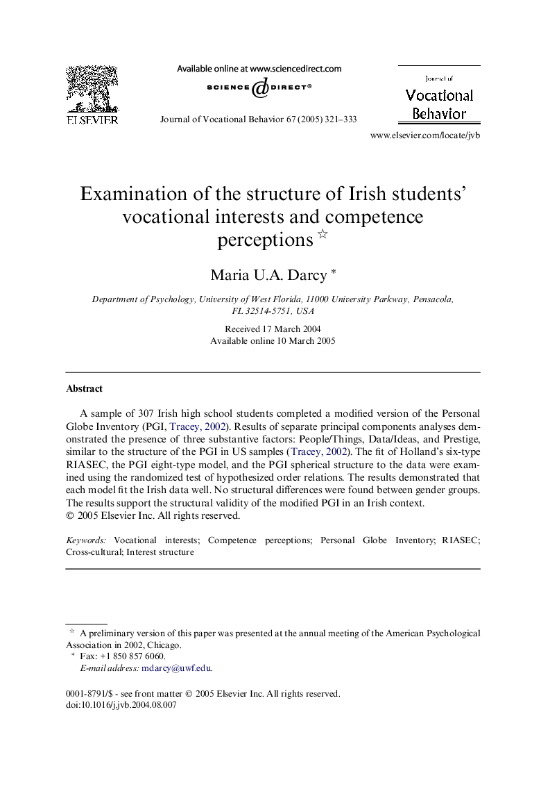 Examination of the structure of Irish students' vocational interests and competence perceptions