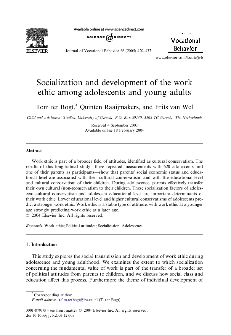 Socialization and development of the work ethic among adolescents and young adults