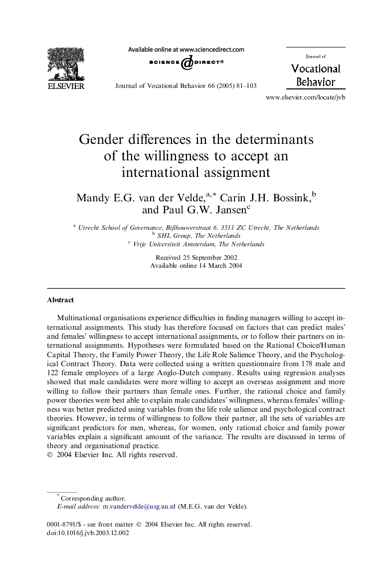 Gender differences in the determinants of the willingness to accept an international assignment
