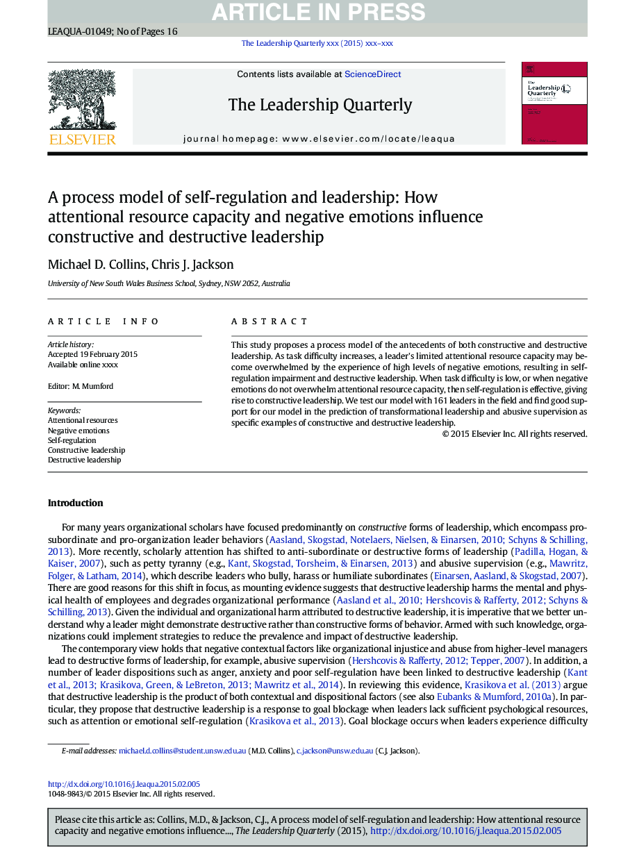 A process model of self-regulation and leadership: How attentional resource capacity and negative emotions influence constructive and destructive leadership