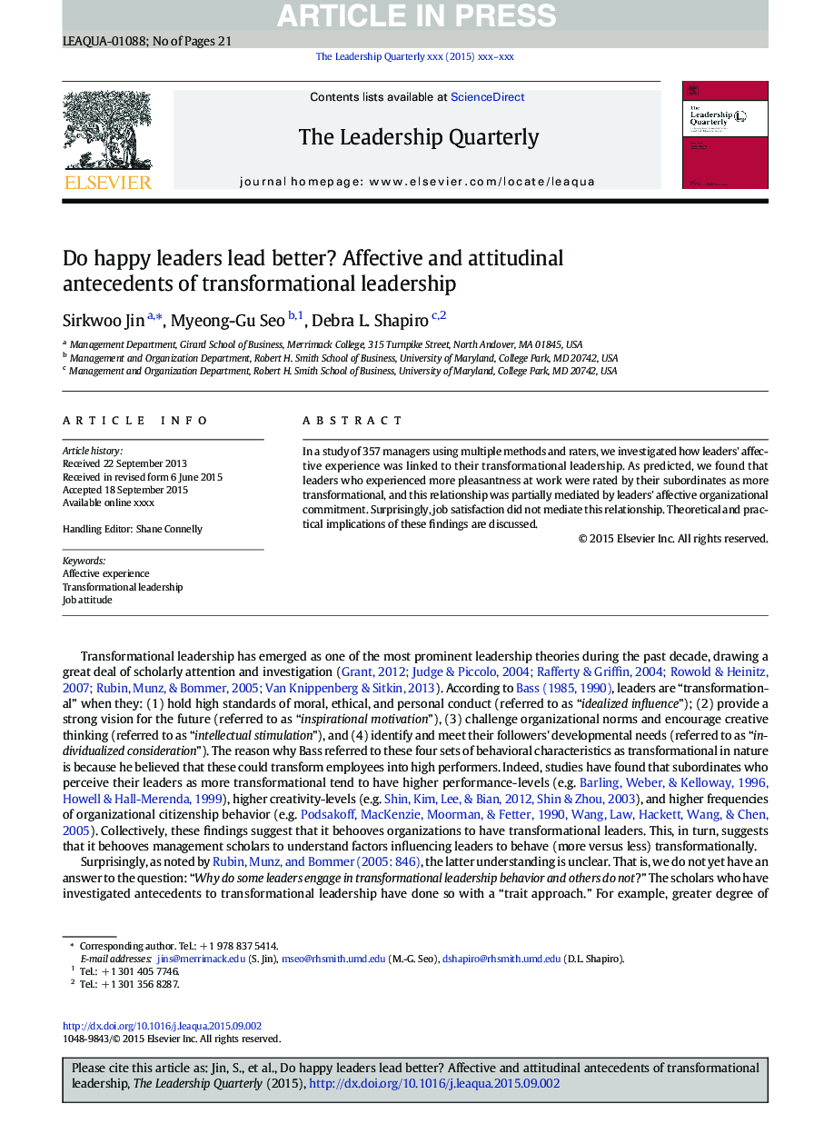 Do happy leaders lead better? Affective and attitudinal antecedents of transformational leadership