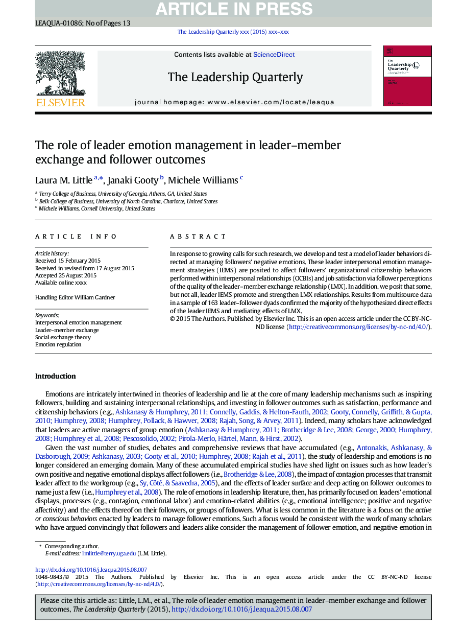 The role of leader emotion management in leader-member exchange and follower outcomes