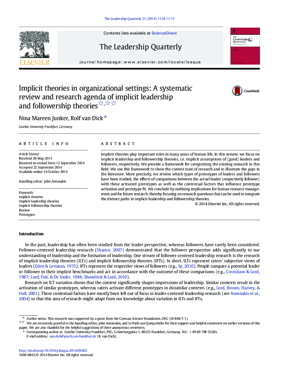 Implicit theories in organizational settings: A systematic review and research agenda of implicit leadership and followership theories