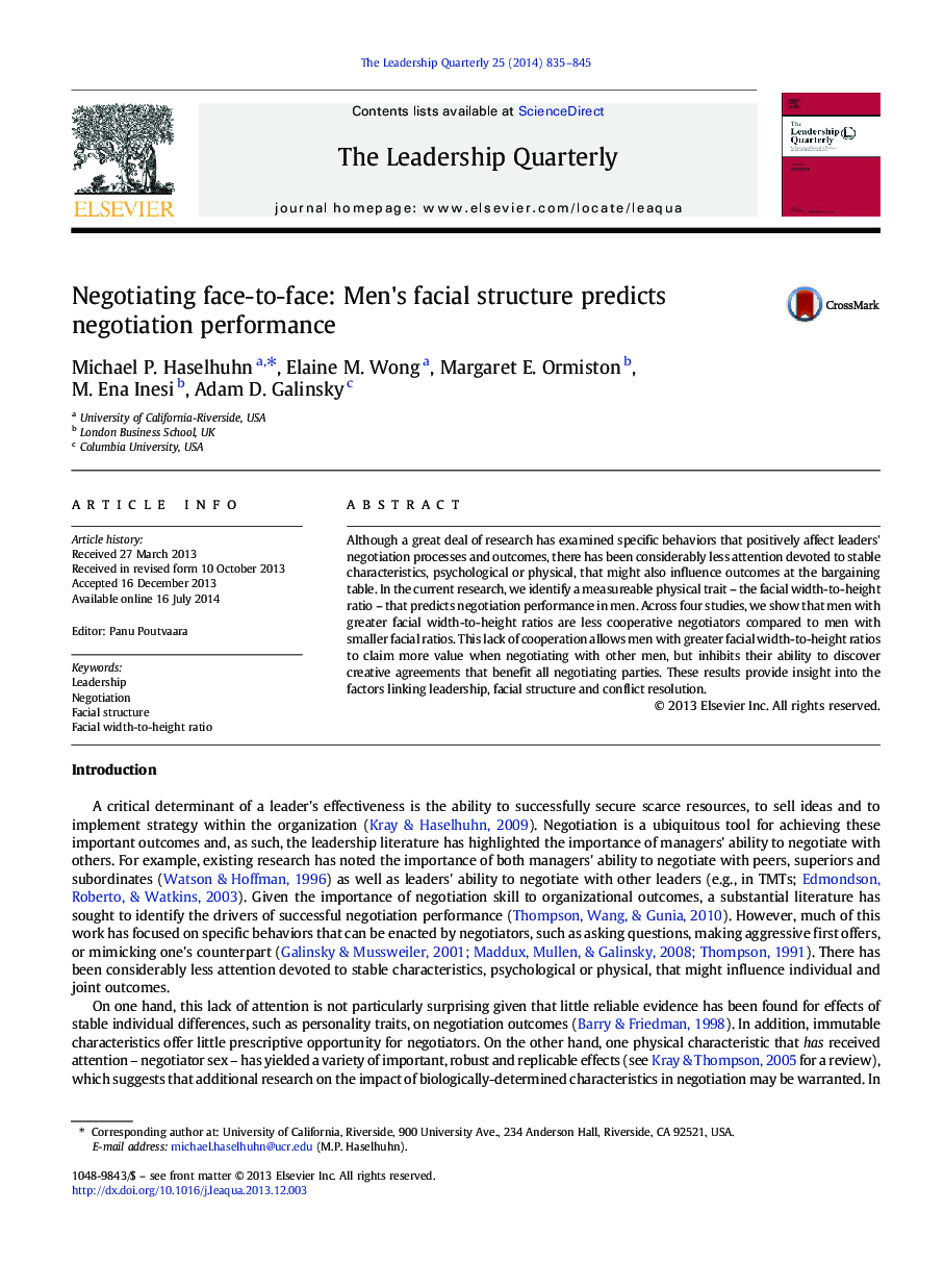 Negotiating face-to-face: Men's facial structure predicts negotiation performance