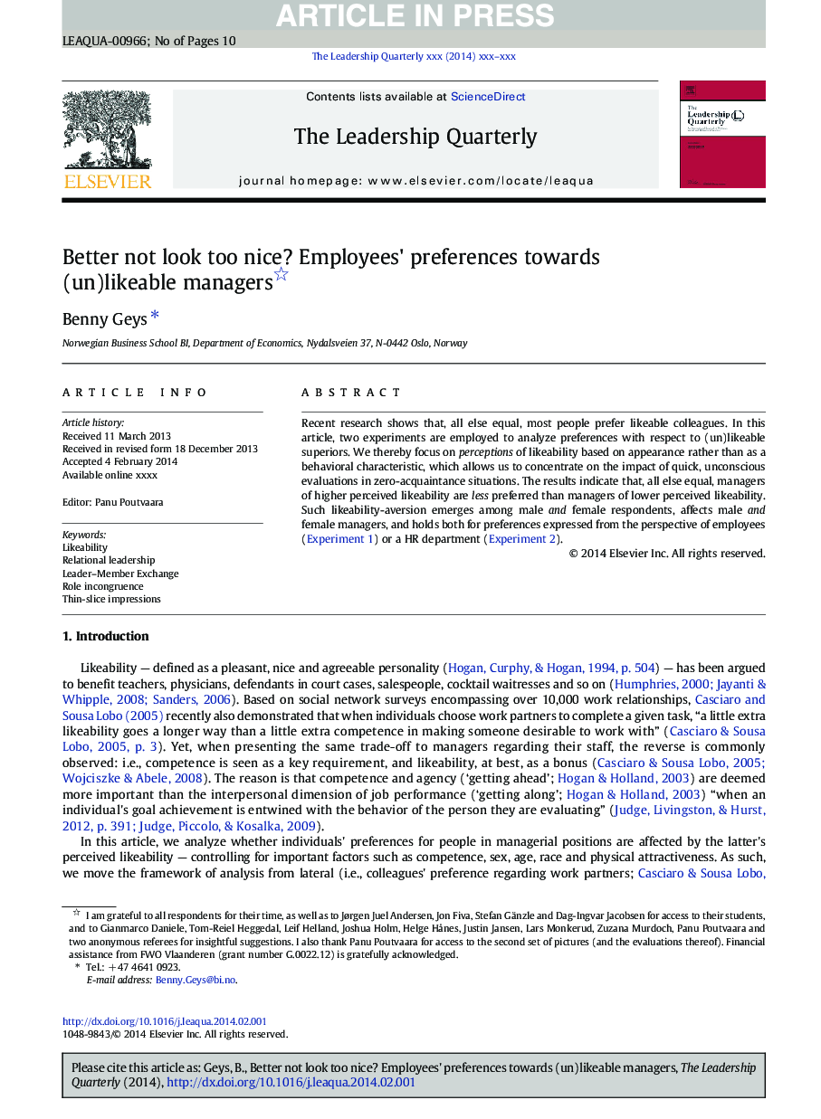 Better not look too nice? Employees' preferences towards (un)likeable managers