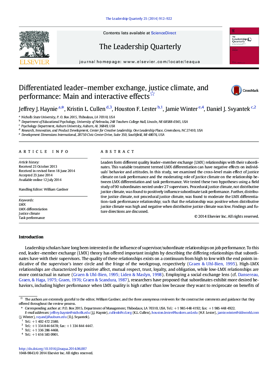 Differentiated leader-member exchange, justice climate, and performance: Main and interactive effects