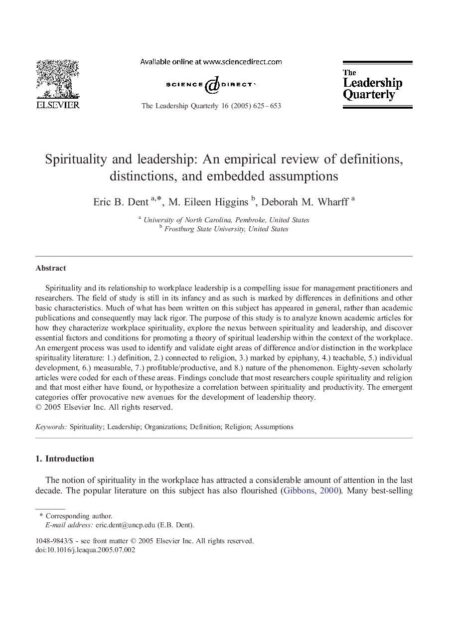 Spirituality and leadership: An empirical review of definitions, distinctions, and embedded assumptions