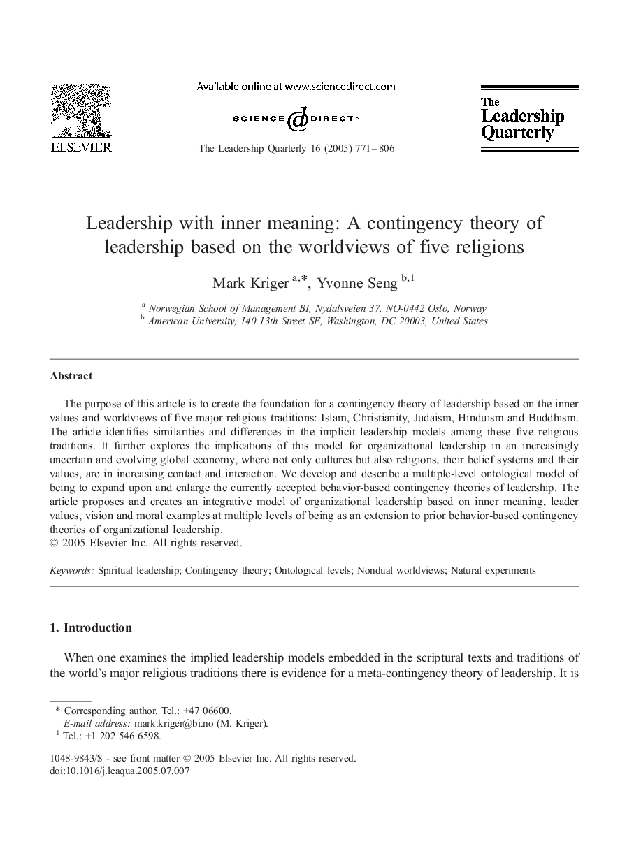 Leadership with inner meaning: A contingency theory of leadership based on the worldviews of five religions