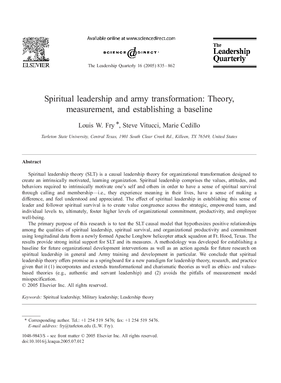 Spiritual leadership and army transformation: Theory, measurement, and establishing a baseline