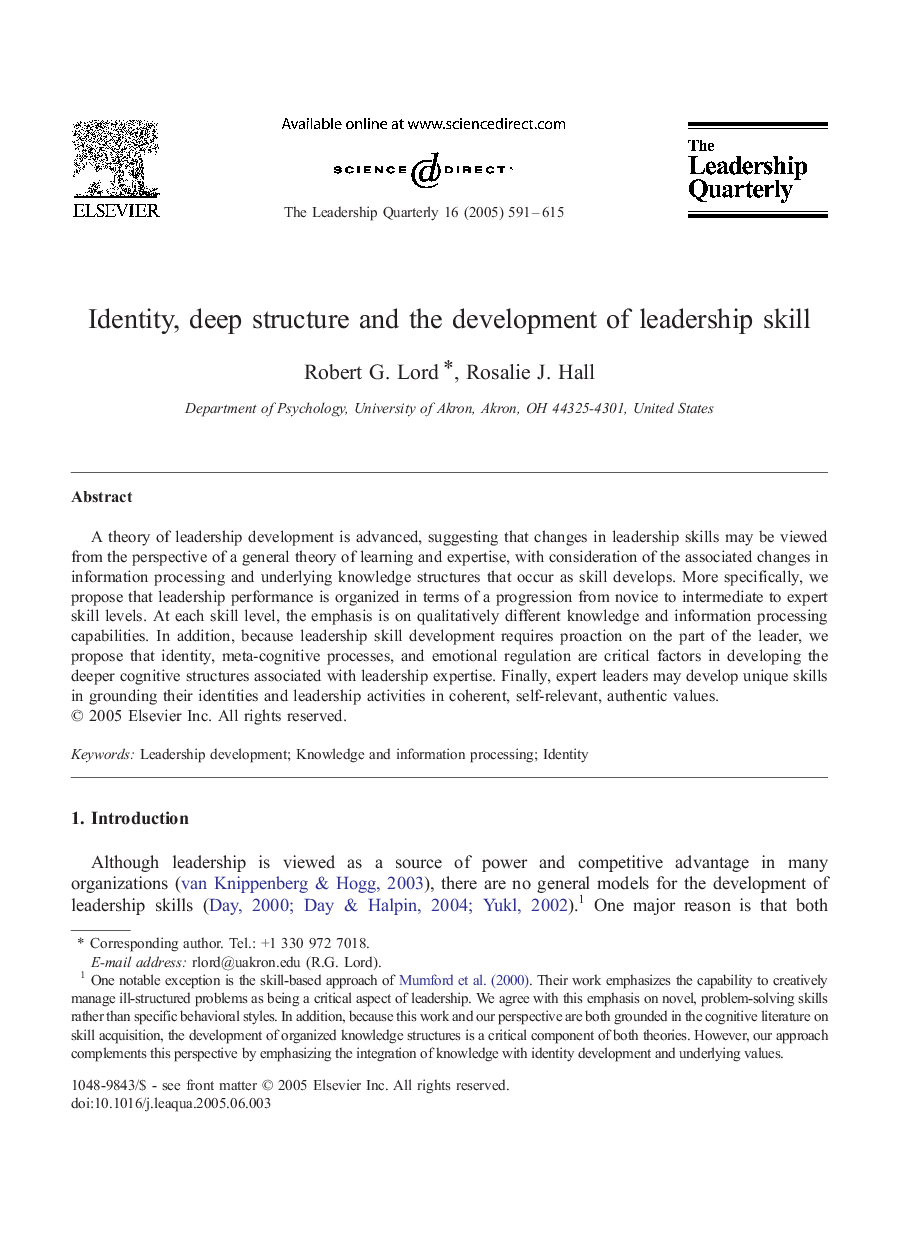 Identity, deep structure and the development of leadership skill