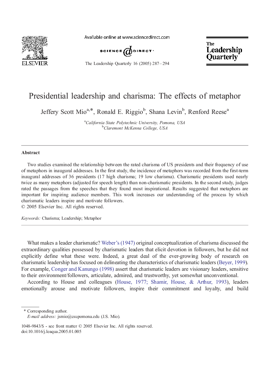 Presidential leadership and charisma: The effects of metaphor