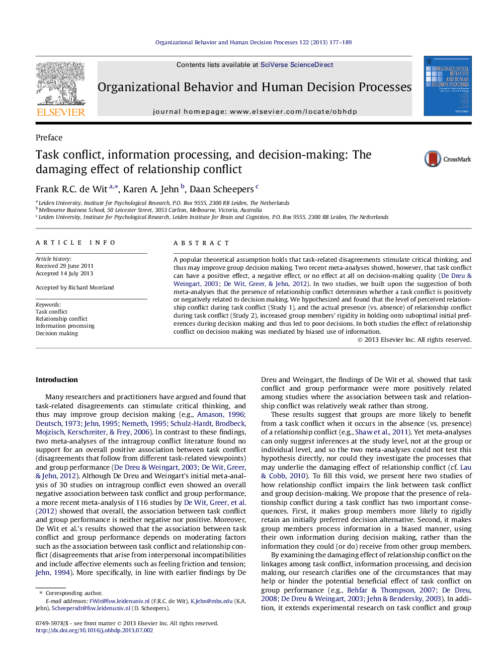 Task conflict, information processing, and decision-making: The damaging effect of relationship conflict