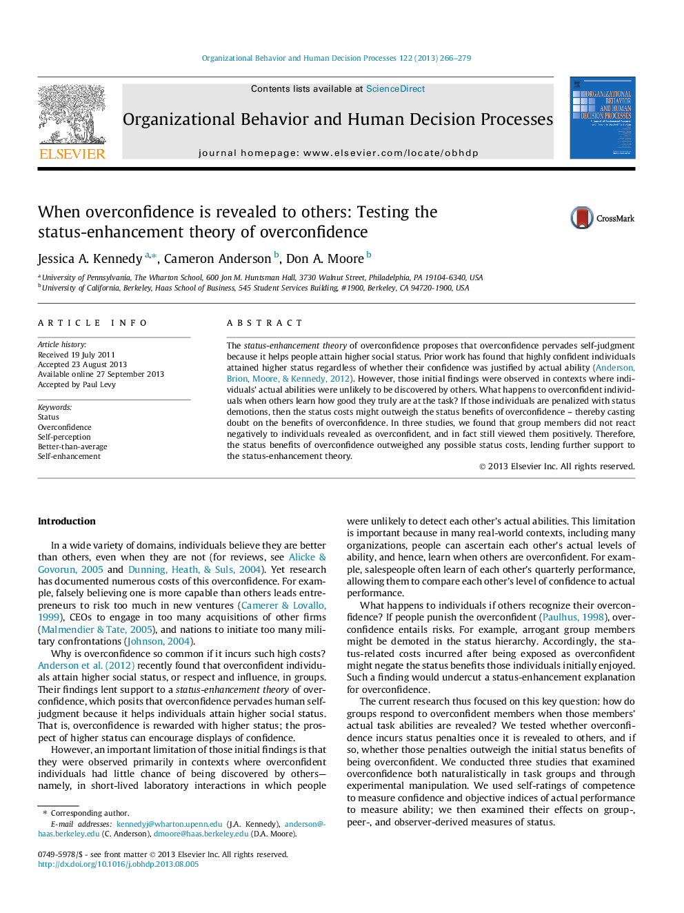 When overconfidence is revealed to others: Testing the status-enhancement theory of overconfidence