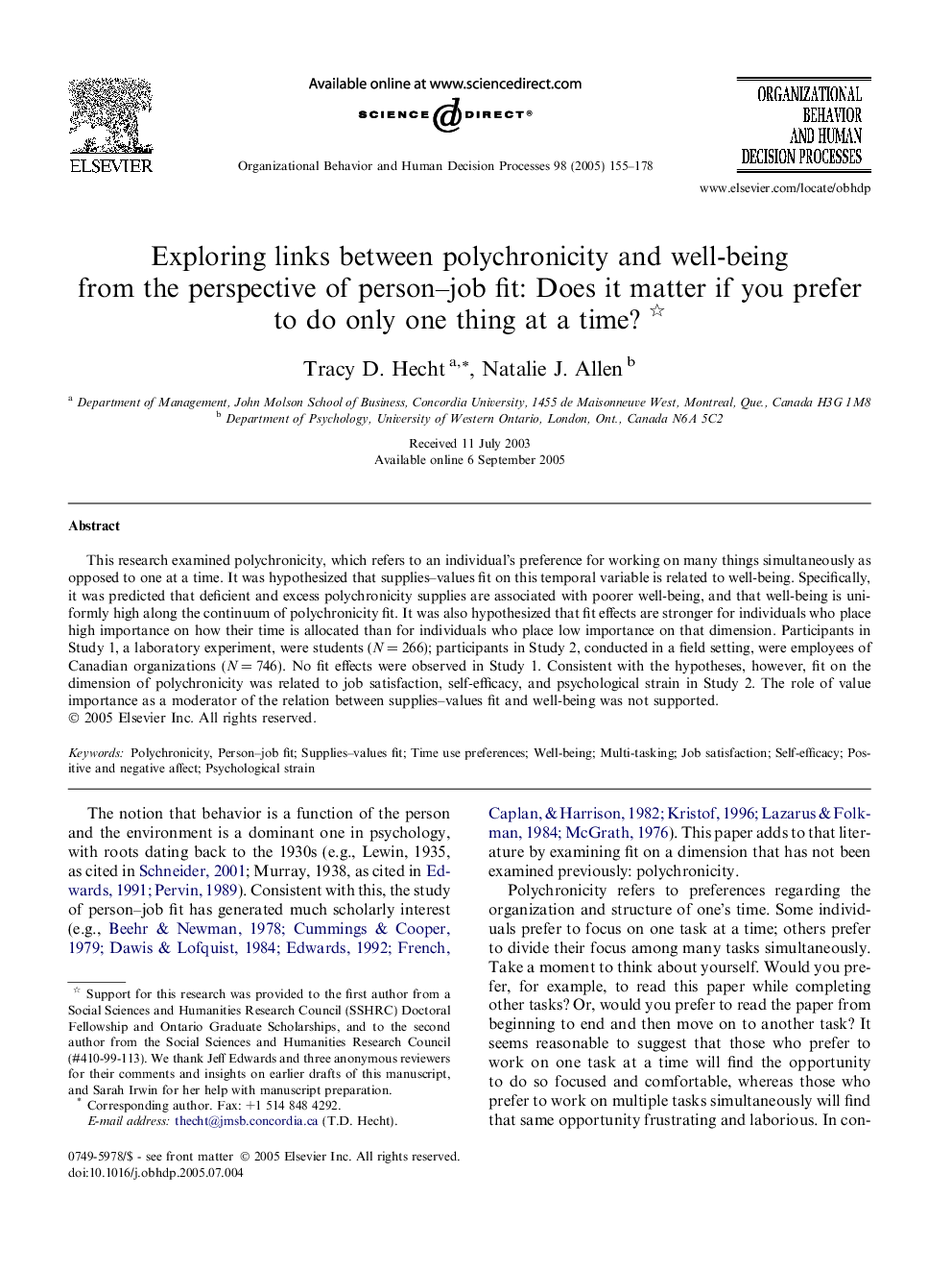 Exploring links between polychronicity and well-being from the perspective of person-job fit: Does it matter if you prefer to do only one thing at a time?