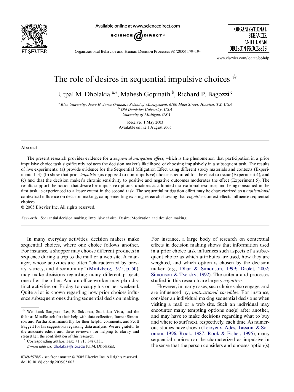 The role of desires in sequential impulsive choices