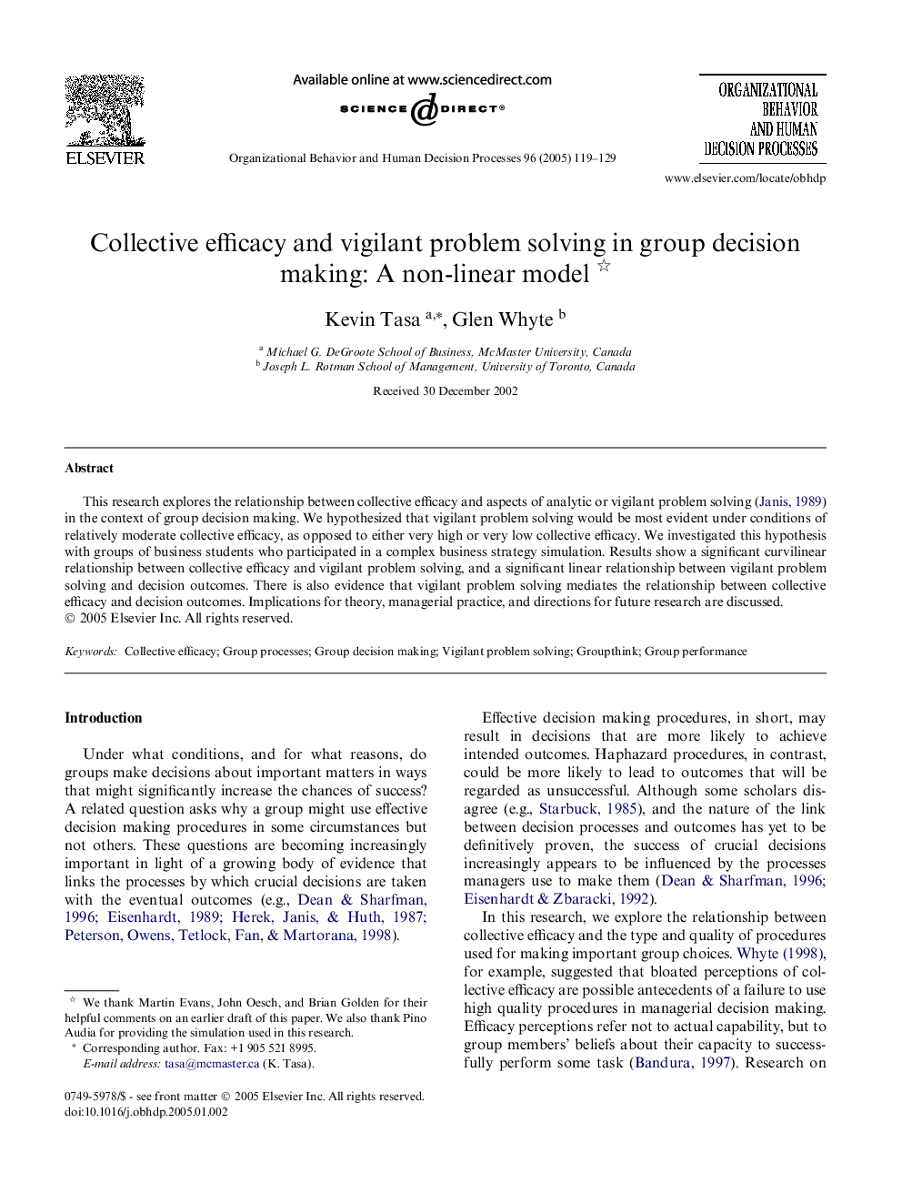 Collective efficacy and vigilant problem solving in group decision making: A non-linear model