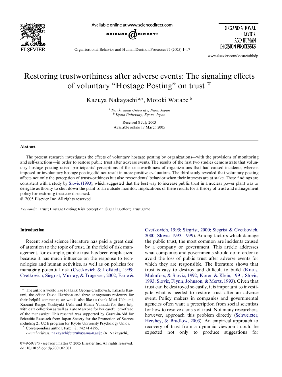 Restoring trustworthiness after adverse events: The signaling effects of voluntary “Hostage Posting” on trust