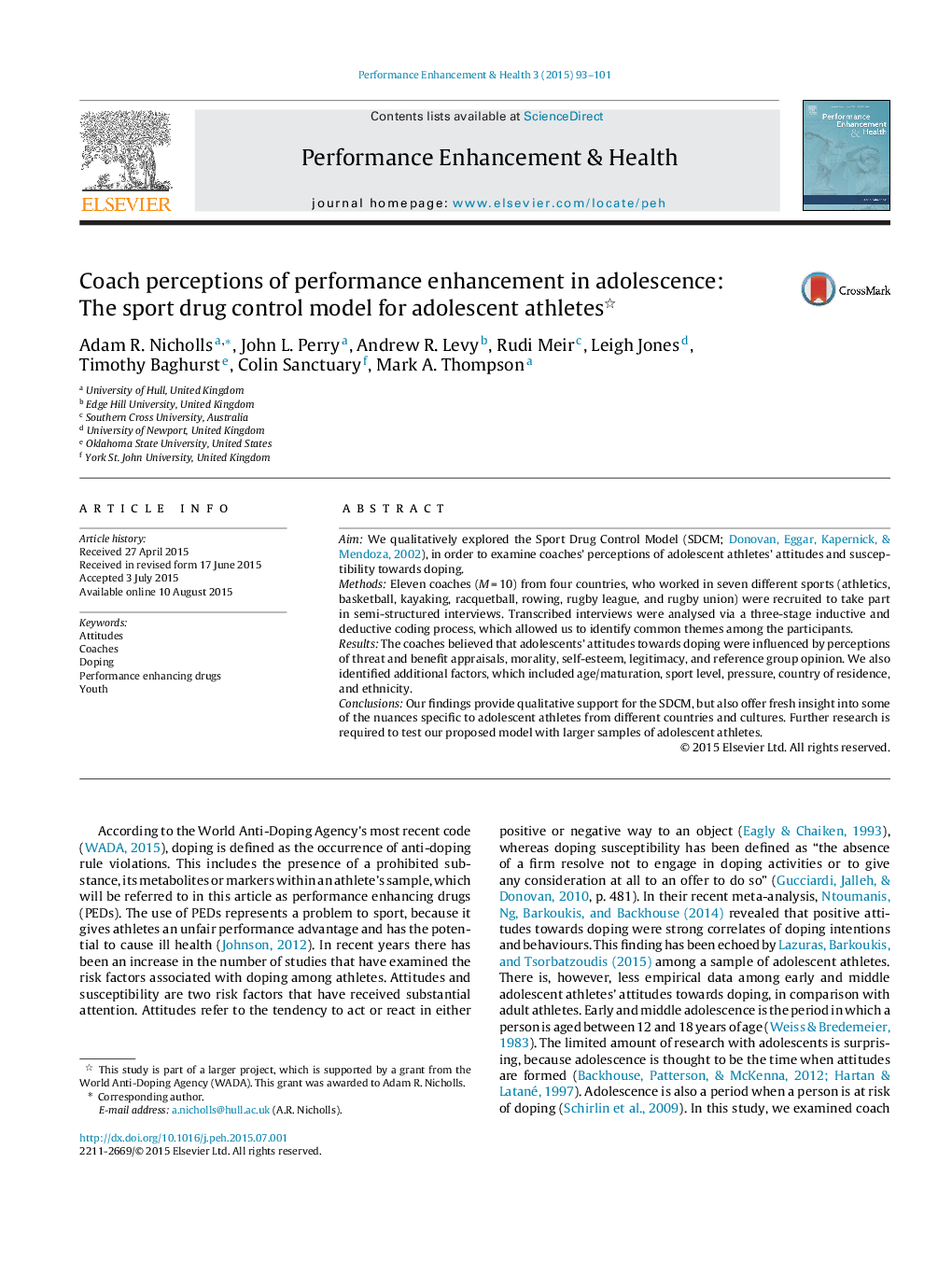 Coach perceptions of performance enhancement in adolescence: The sport drug control model for adolescent athletes