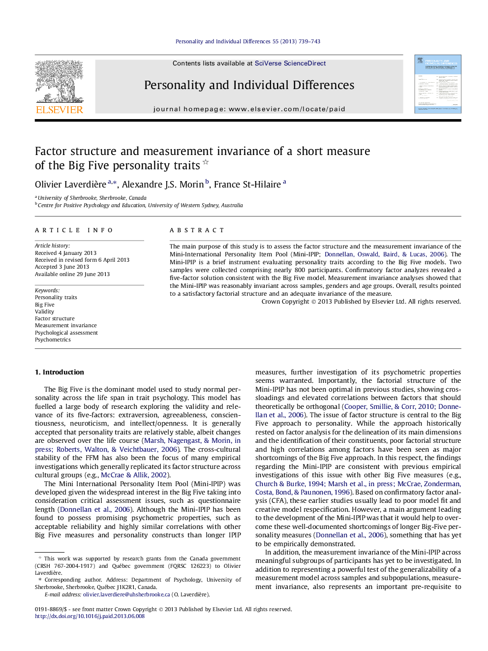 Factor structure and measurement invariance of a short measure of the Big Five personality traits