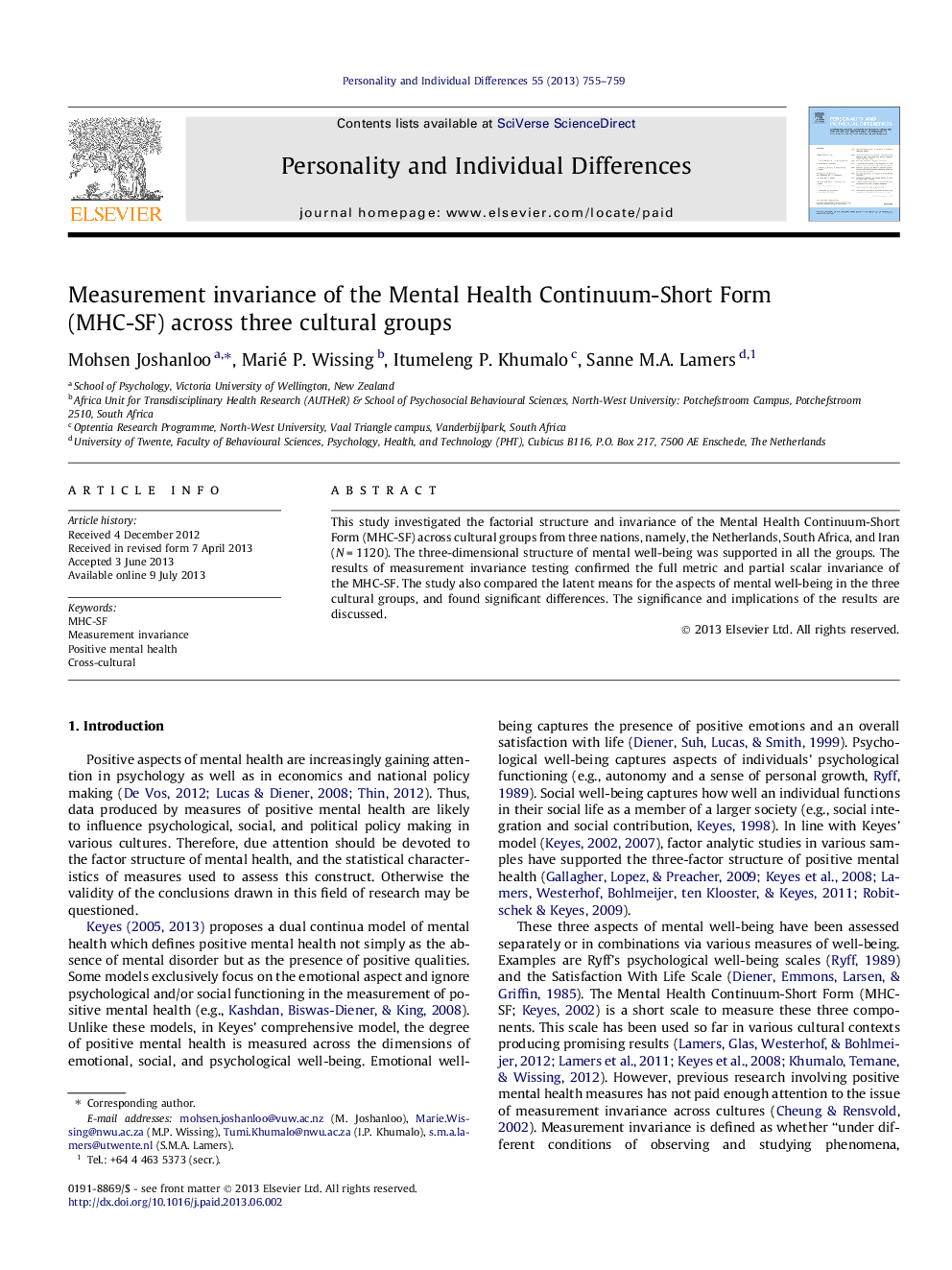 Measurement invariance of the Mental Health Continuum-Short Form (MHC-SF) across three cultural groups