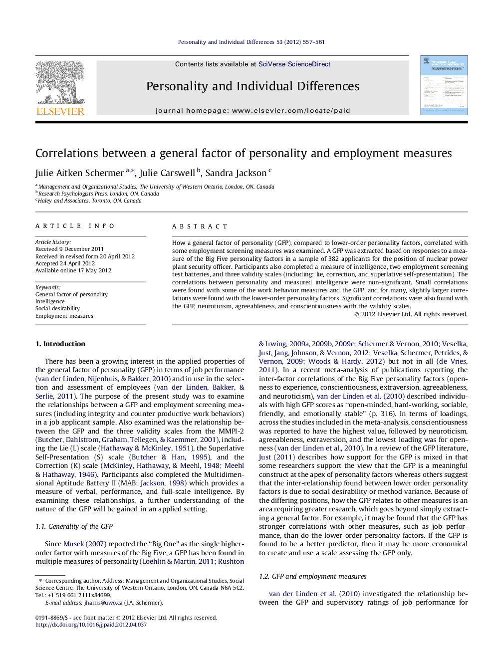 Correlations between a general factor of personality and employment measures