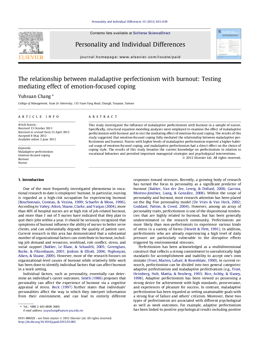 The relationship between maladaptive perfectionism with burnout: Testing mediating effect of emotion-focused coping