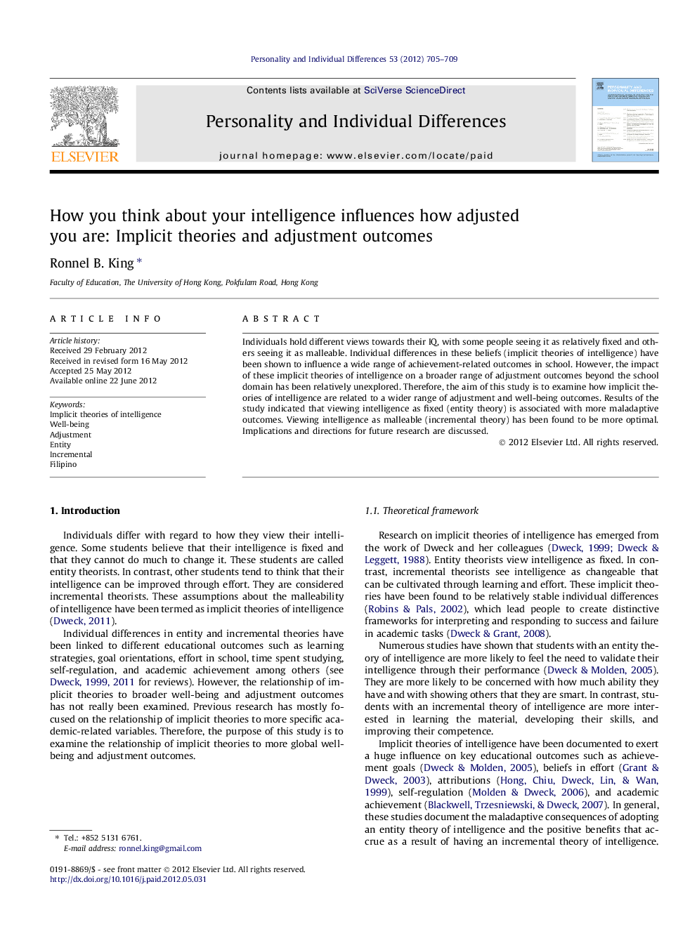 How you think about your intelligence influences how adjusted you are: Implicit theories and adjustment outcomes