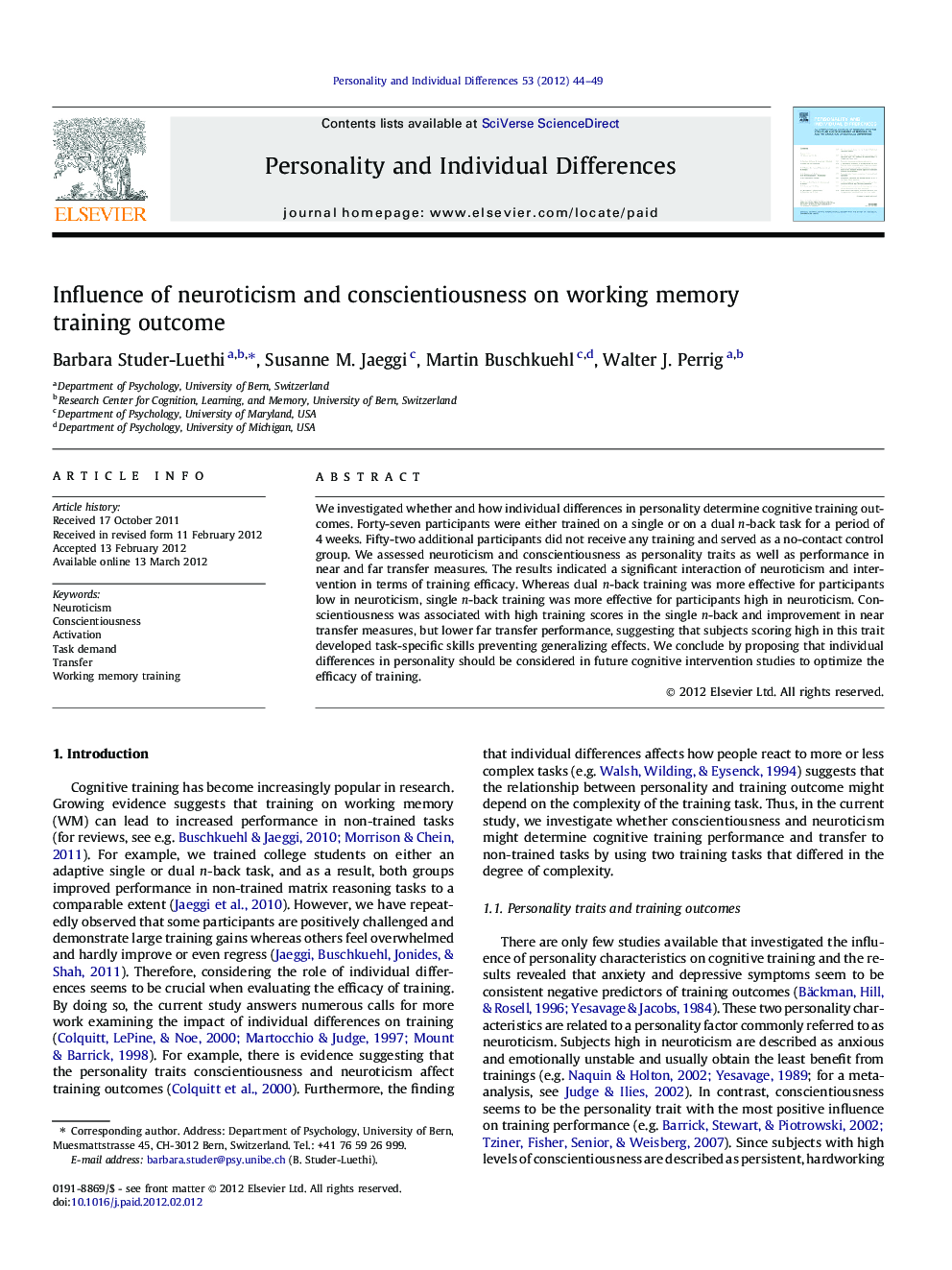 Influence of neuroticism and conscientiousness on working memory training outcome